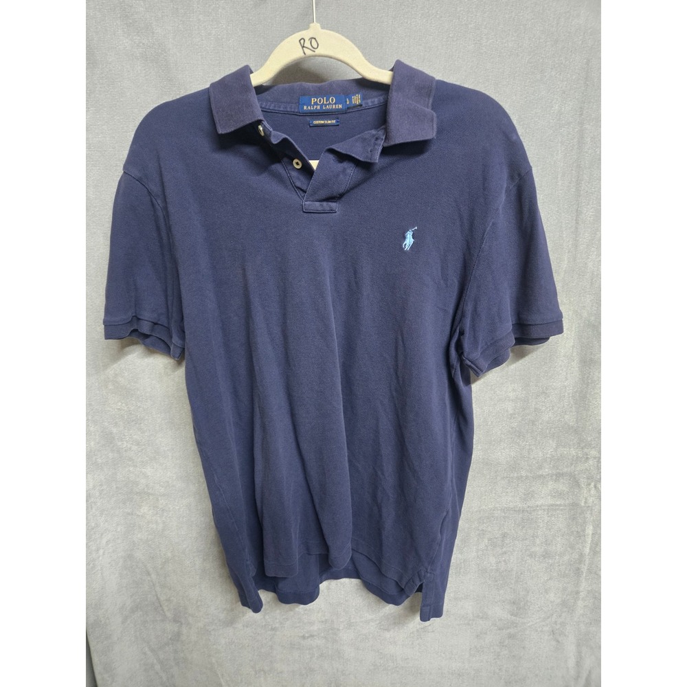 Polo Ralph Lauren Mens Navy Blue Custom Slim Fit Short Sleeve Pique Polo Large